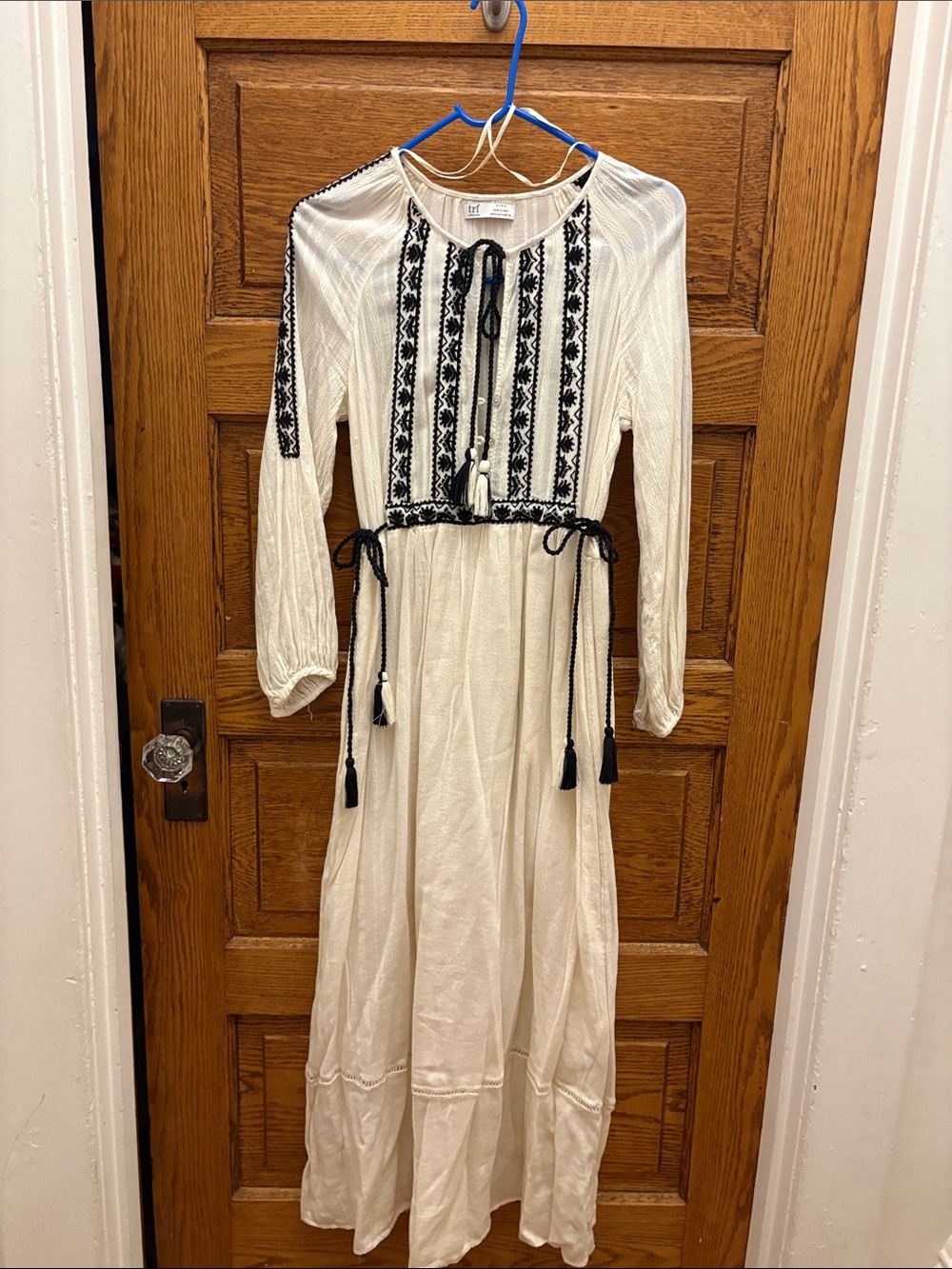 Zara White Maxi Dress with Black Embroidered Trim